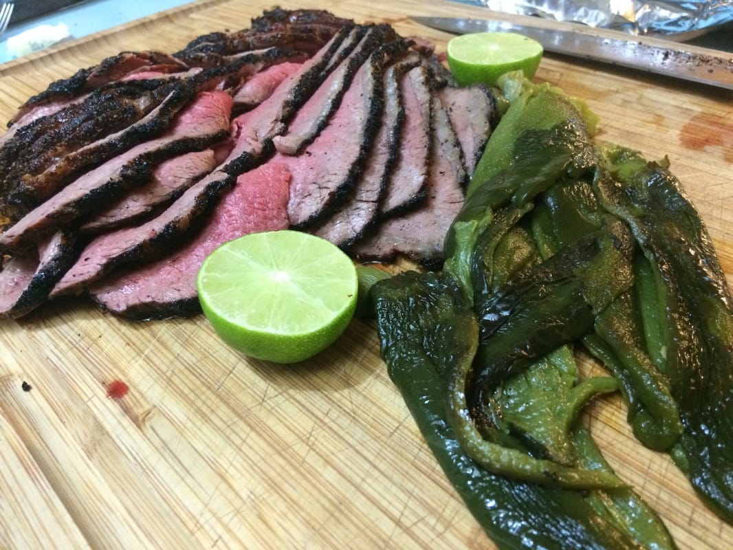 BBQ grilled tri tip roast with roasted peppers and fresh squeezed lime juice 